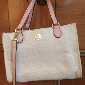 Anne Klein hand bag with cross body strap, off white with light gold sparkles